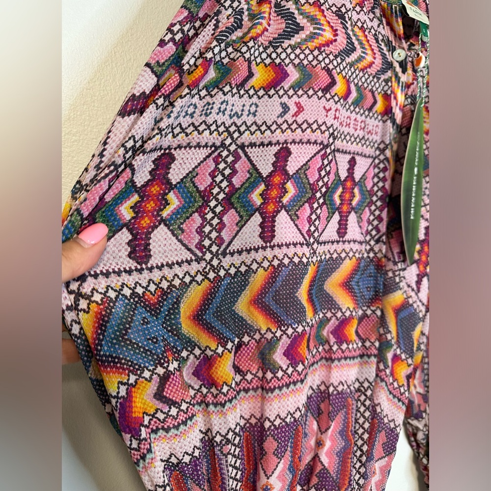 NWT Farm Rio Amulet Maxi Boho Sleeved Belted Aztec Sheer Dress Sz Large - Picture 12 of 17